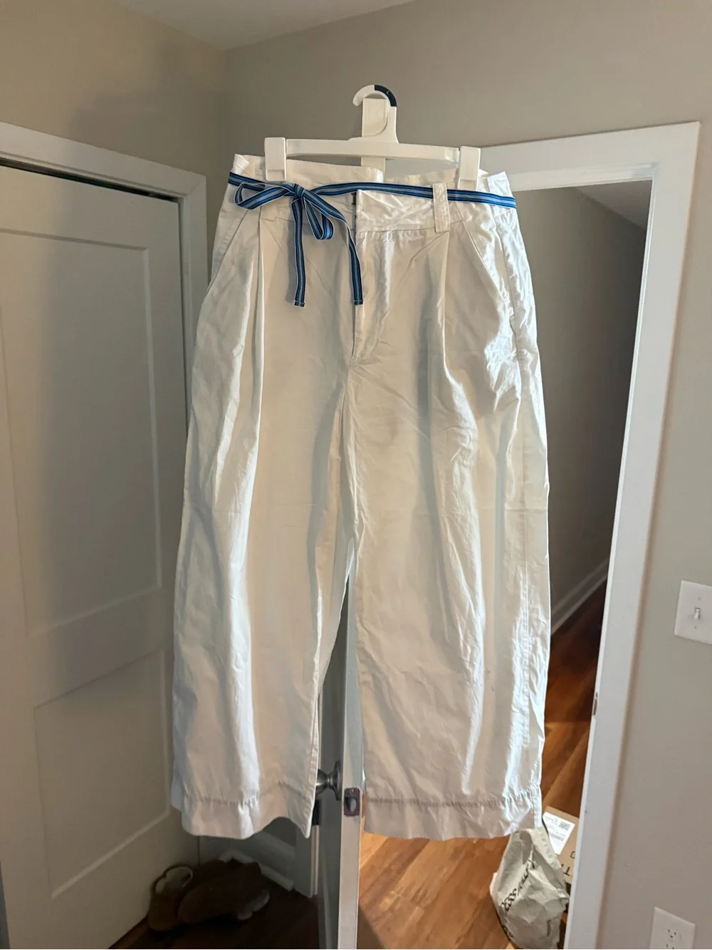 Free People White Wide-Leg Crop Pants with Blue Stripe Tie Belt